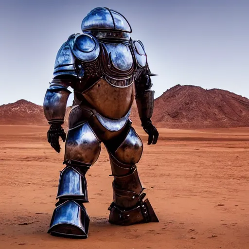 Image similar to photograph of a man in a very oversized mech armor that is 3 0 feet tall and 1 0 feet wide. his head is very small sticking out of the armor. desert setting. high detail.