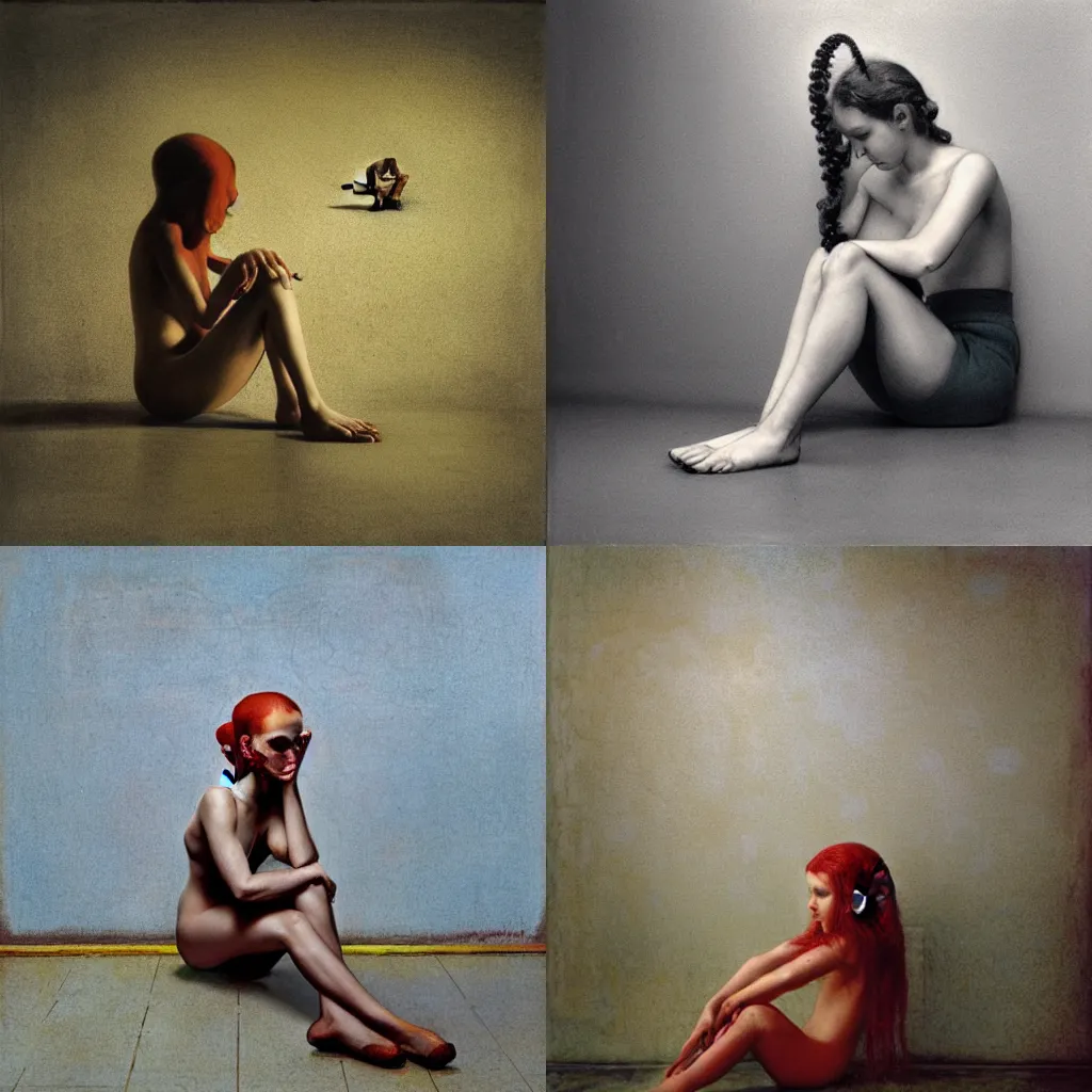 Prompt: a sad cute humanoid octopus girl sitting on the floor, photography by Michael Sowa