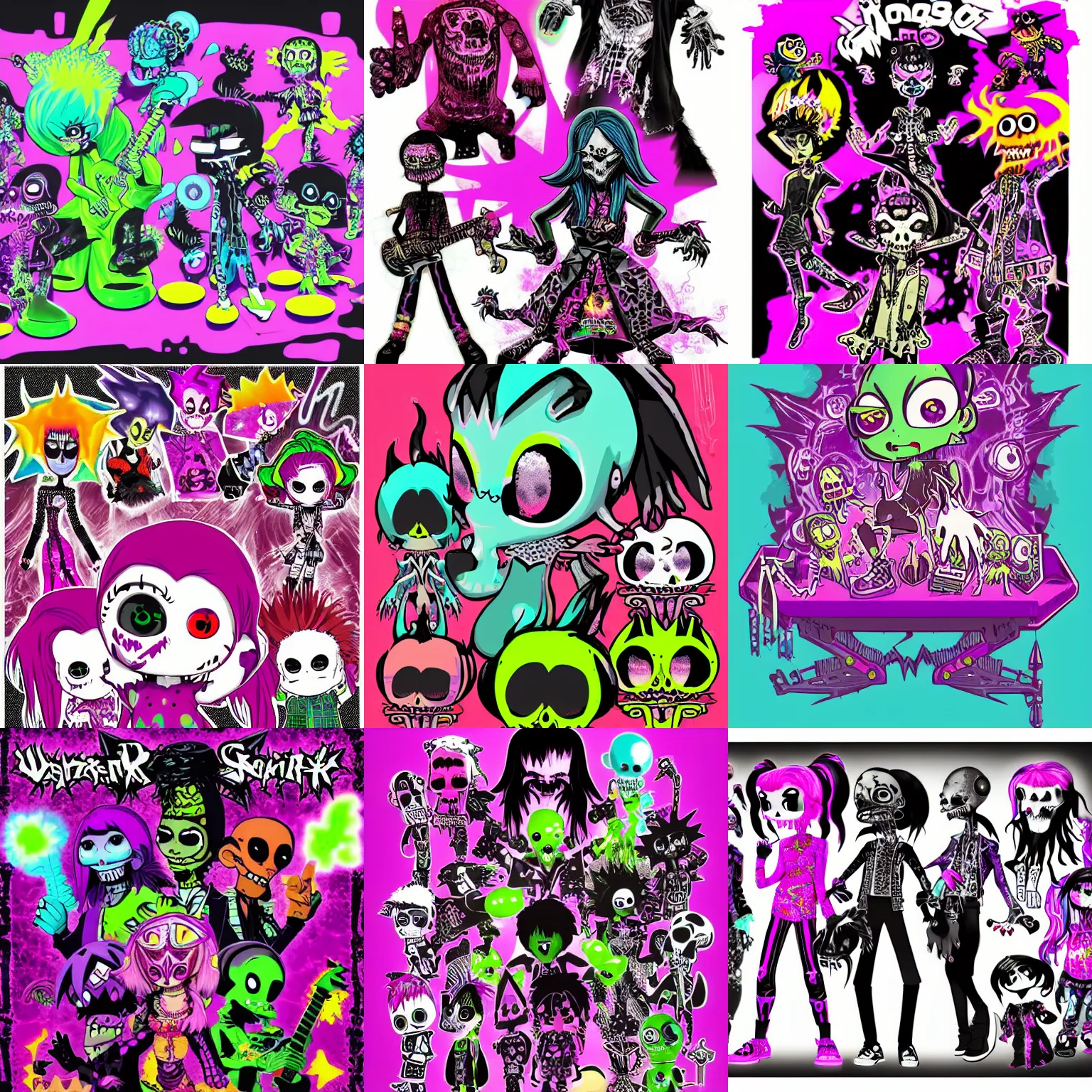 Prompt: CGI lisa frank gothic punk glow in the dark bones vampiric rockstar vampire squid concept character designs of various shapes and sizes by genndy tartakovsky and the creators of fret nice at pieces interactive and splatoon by nintendo and little big planet by media molecule and psychonauts by doublefines tim shafer being overseen by Jamie Hewlett from gorillaz for a new hotel Transylvania movie