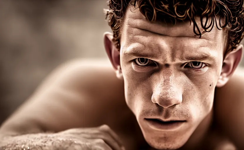Prompt: photographic portrait by Andy Gotts of Tom Holland in a hot tub, closeup, foggy, sepia, moody, dream-like, sigma 85mm f/1.4, 15mm, 35mm, 4k, high resolution, 4k, 8k, hd, full color