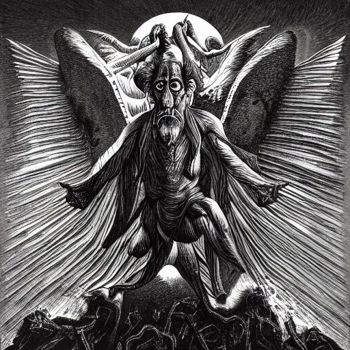 Image similar to mandrill descending from heaven, in the style of deathspell omega's fas album cover, illustration, detailed