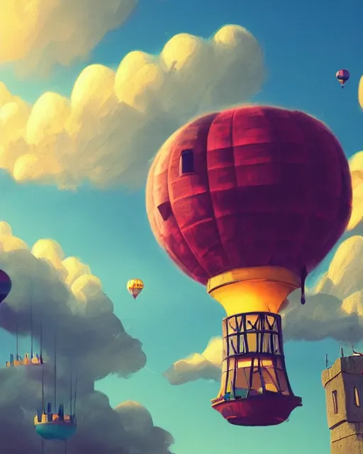 Prompt: flying cloud castle, buildings, baloons, machines, bright, blue sky, mountains, colorful, cinematic lighting, fantasy, high detail, airborne kingdom, illustration, masterpiece, artstation, 4 k, art by wylie beckert