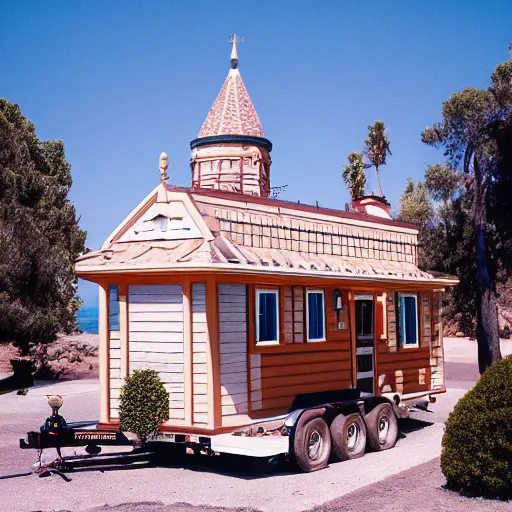 Image similar to Hearst Castle as a tiny home, able to be transported on a trailer. Photographed with Leica Summilux-M 24 mm lens, ISO 100, f/8, Portra 400