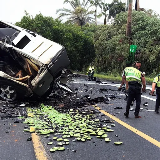 Image similar to photo of an avocado truck accident that overturned and spilled tons of avocados on the road, people walking around and picking up avocados from the road