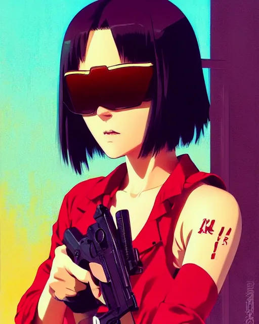 Image similar to girl holding a pistol | | very very anime!!!, fine - face, audrey plaza, realistic shaded perfect face, fine details. anime. realistic shaded lighting poster by ilya kuvshinov katsuhiro otomo ghost - in - the - shell, magali villeneuve, artgerm, jeremy lipkin and michael garmash and rob rey