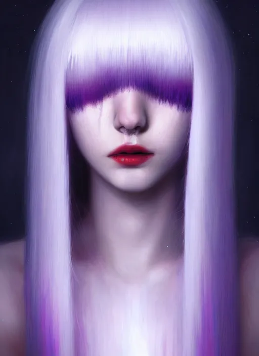 Image similar to hair whitebangs hair, black hair, whitebangs, portrait of teenage girl with white bangs, red irises, purple clothes, white bangs, bangs are different color from hair, intricate, elegant, glowing lights, highly detailed, digital painting, artstation, concept art, smooth, sharp focus, illustration, art by wlop, mars ravelo and greg rutkowski