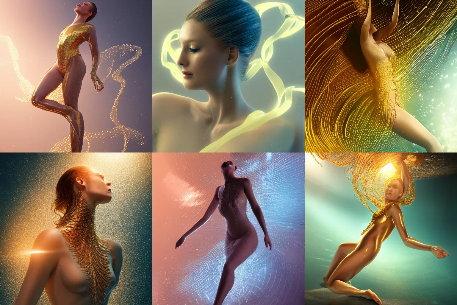 Prompt: a highly detailed digital image of an elegantly posed futuristic woman beautifully swimming, suspended and intertwined from golden liquid like leaves, full body shot, by Andrew Chiampo, artstation, and Frederik Heyman, extremely detailed woman, stunning volumetric lighting, hyper realism, fantasy 4k