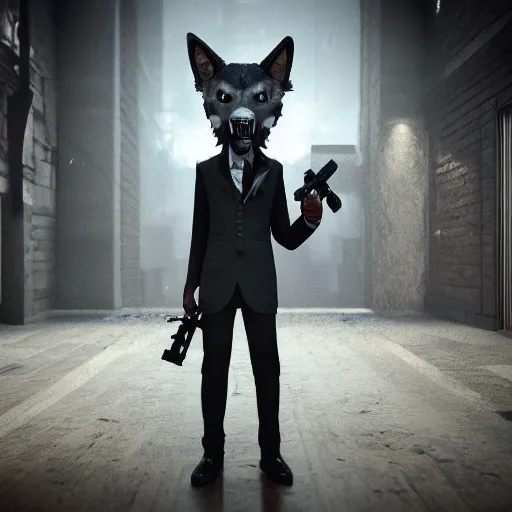 Image similar to butler with wolf face, dystopian, cinematic lighting, horror scene, big gun, black mask, octane render