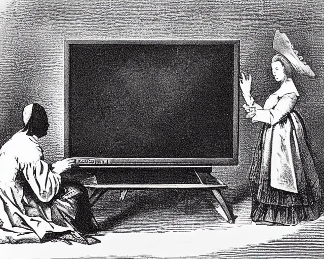 Image similar to 1 7 0 0 s photo of a person watching a flat screen hd tv