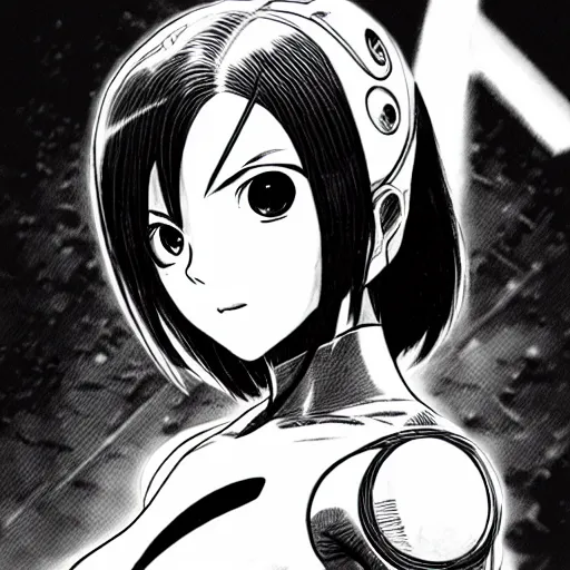 Image similar to alita by yukito kishiro. medium shot. black and white manga. pencil drawing.