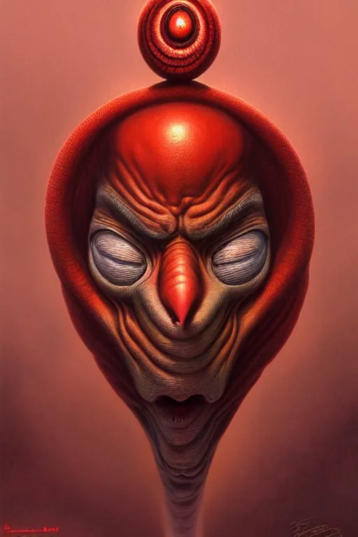 Image similar to anthropomorphic spiral head in death bluesteel mr bean giant red nose, intricate, elegant, highly detailed face, wide angle, digital painting, artstation, concept art, sharp focus, illustration, art by artgerm, bob eggleton, stephen hickman, richard corben, wayne barlowe, greg rutkowski, alphonse mucha, 8 k