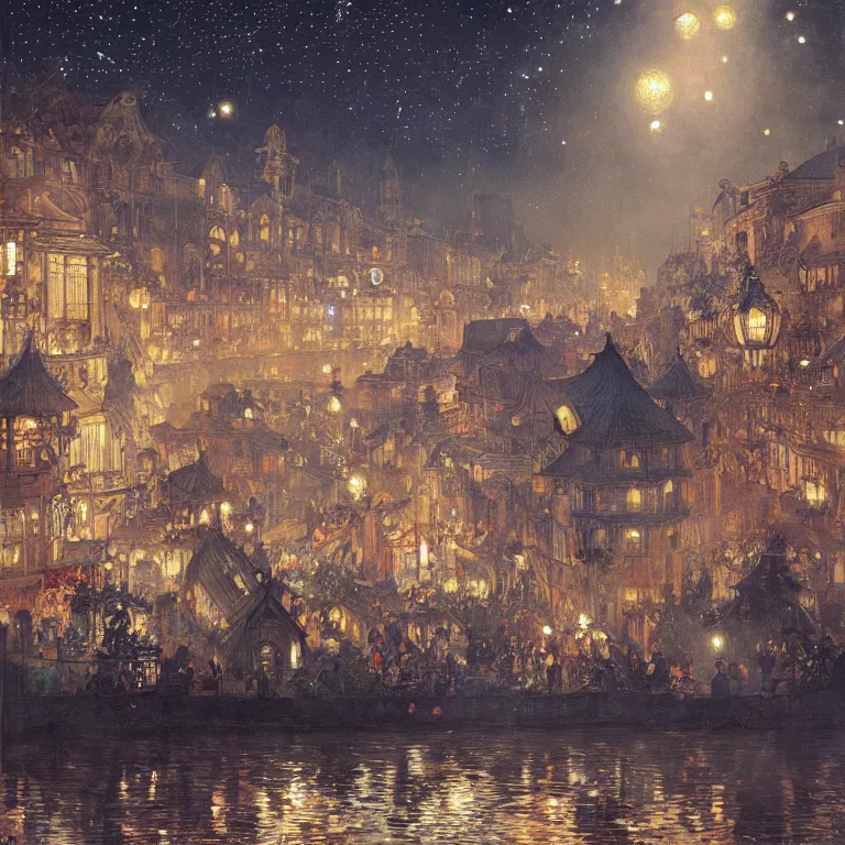 Image similar to a beautiful painting of the view from the river of the lantern festival in ancient london, at night with a sky full of stars, intricate, elegant, highly detailed, digital painting, artstation, concept art, by krenz cushart and artem demura and alphonse mucha