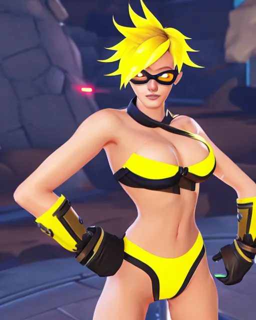 Image similar to tracer game character, in yellow bikini, blonde hair, black eyes, full height