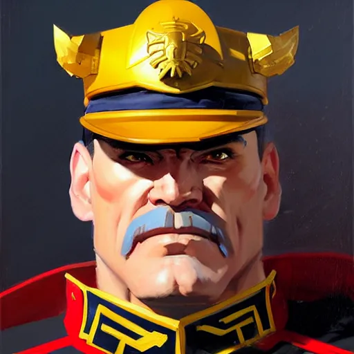 Image similar to Greg Manchess portrait painting of M. Bison as Overwatch character, medium shot, asymmetrical, profile picture, Organic Painting, sunny day, Matte Painting, bold shapes, hard edges, street art, trending on artstation, by Huang Guangjian and Gil Elvgren and Sachin Teng