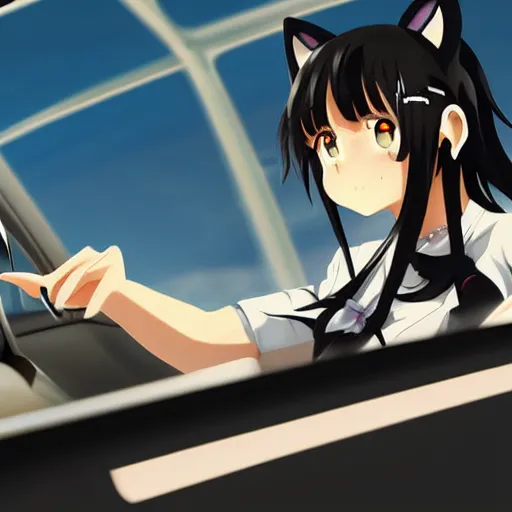 Image similar to 3 d photo of an anime girl with cat ears and long hair looking to her side, racing down a tokyo highway in the drivers seat of an alpine a 1 1 0, bokeh, shader, anime art style, highly detailed, cel - shaded, colorful, animated, trending