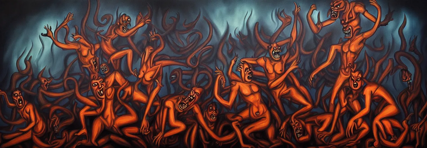 Prompt: hell demons, dramatic lighting, 1 9 3 0 s fleischer cartoon characters, wild emotional expressions - surreal painting by ronny khalil