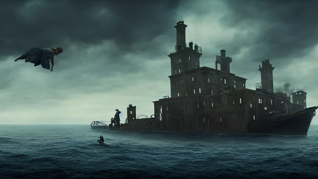 Prompt: photo of the Peaky Blinders coming out of the ocean, extreme detailed face, spaceship flying on the background, film still from the movie directed by Denis Villeneuve with art direction by Zdzisław Beksiński, wide lens