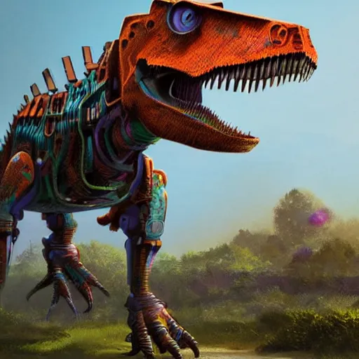 Image similar to a character art rendering of a brightly colored robot T-rex made of mechanical parts, cartoonish psychedelic paleoart rendering, realistic dinosaur cyborg in the style of greg rutkowski and simon stålenhag, made with zbrush