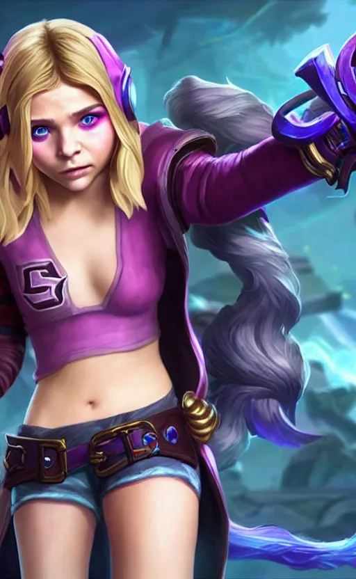 Image similar to Chloë Grace Moretz as a character in the game League of Legends, with a background based on the game League of Legends, detailed face, old 3d graphics