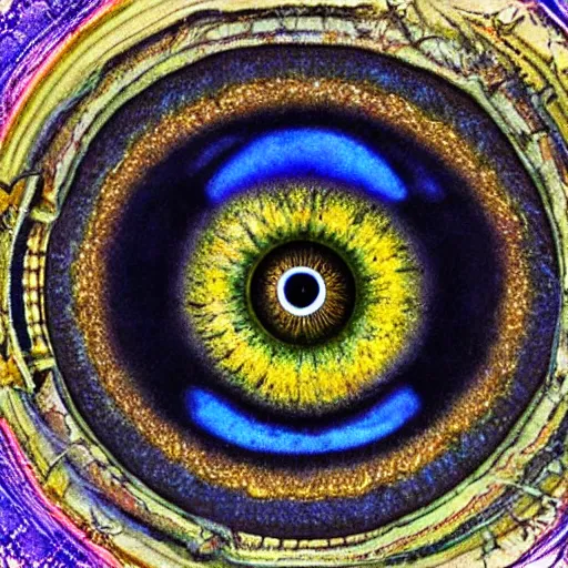 Image similar to A beautiful mixed mediart a large eye that is looking directly at the viewer. The eye is composed of a myriad of colors and patterns, and it is surrounded by smaller eyes. The smaller eyes appear to be in a state of hypnosis, and they are looking in different directions. astrophotography, bright yellow by Peter Kemp, by John Butler Yeats dismal