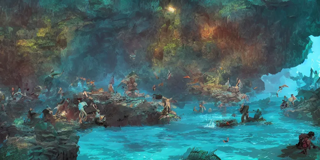 Image similar to vietnamese sunken cave scene, 2 d game art background, level design, muted colors, in style of lam manh