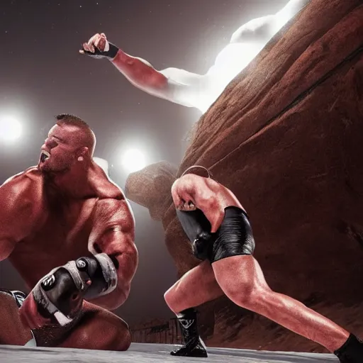 Image similar to giga chad fighting the rock in a wwe arena, cinematic lighting, photorealistic,