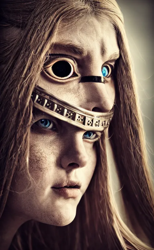 Image similar to photorealistic photograph of beautiful female wearing viking warrior armor, large angry eyes, battle damaged, cinematic, 200mm prime lens