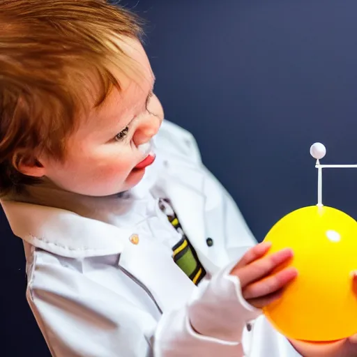 Prompt: A photography of a kitten dressed in a lab coat holding a model of a molecule, award winning photo