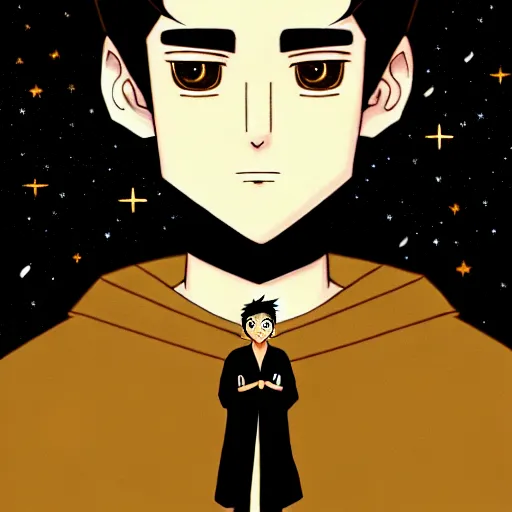 Image similar to a man with with brown hair and eyes with stars and galaxies in his eyes, wearing a black robe with the tips made of gold, anime, trending on artstation, high quality