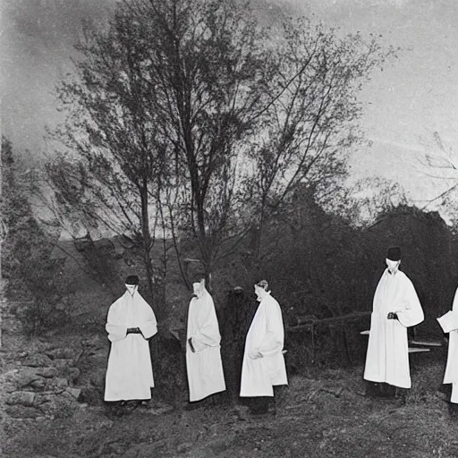 Prompt: worshippers dressed in robes belonging to the cult of the windmill. Dilapidated 1800s windmill. 1800s photo.