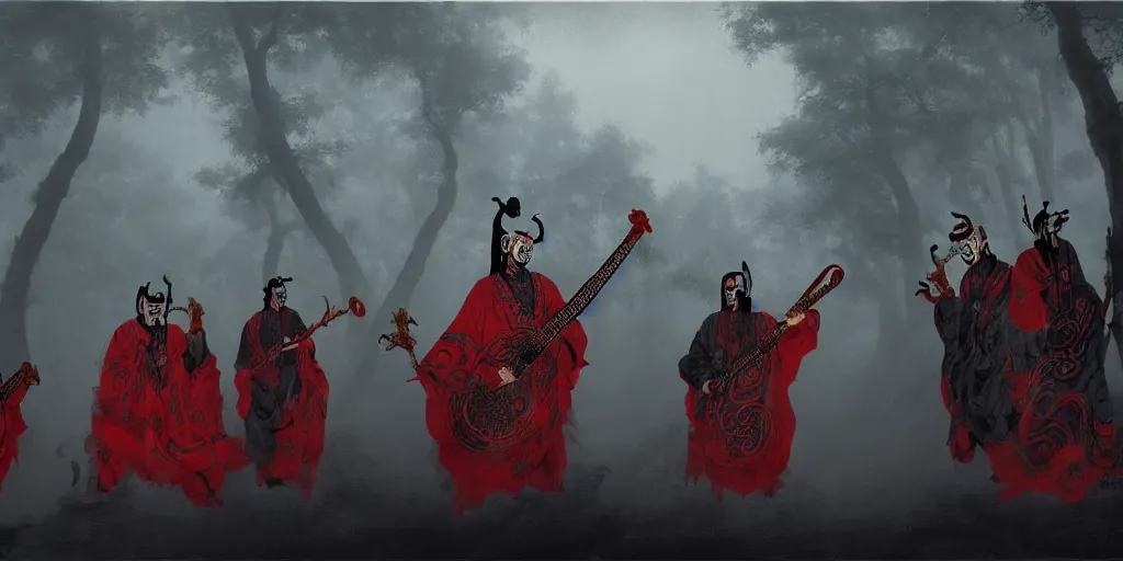 Image similar to 3 ancient chinese generals with chinese peking opera masks singing with guitars, the background is misty forest, full of red and black swirling smoke, harry potter, death eaters, dementors, craig mullins, albert bierstadt, greg rutkowski, tarkovski, realistic, highly detailed, artstation, early morning, atmospheric, aestetic, moody