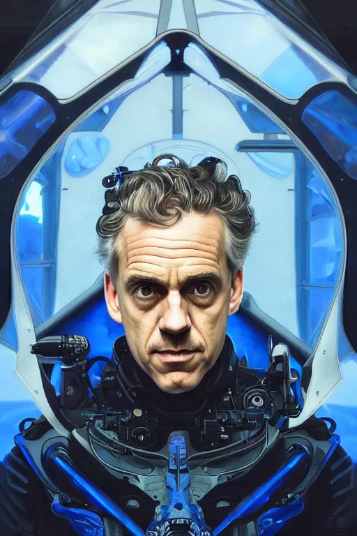 Image similar to portrait of Jordan Peterson as a futuristic airforce, inside future fighter, sci-fi, fantasy, intricate, very very alpha and sigma, elegant, human anatomy, royal blue light, highly detailed, digital painting, artstation, concept art, smooth, sharp focus, illustration, art by tian zi and WLOP and alphonse mucha