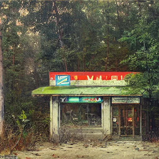 Image similar to a beautiful painting of an abandoned overgrown 7 - eleven by ivan shishkin, masterpiece