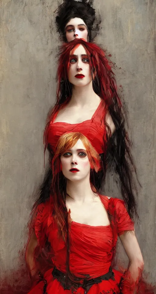 Image similar to one person only. One head only. Long flowing dress. Solomon Joseph Solomon and Richard Schmid and Jeremy Lipking victorian genre painting portrait painting of a young beautiful woman punk rock goth with punk rock haircut in fantasy costume, red background