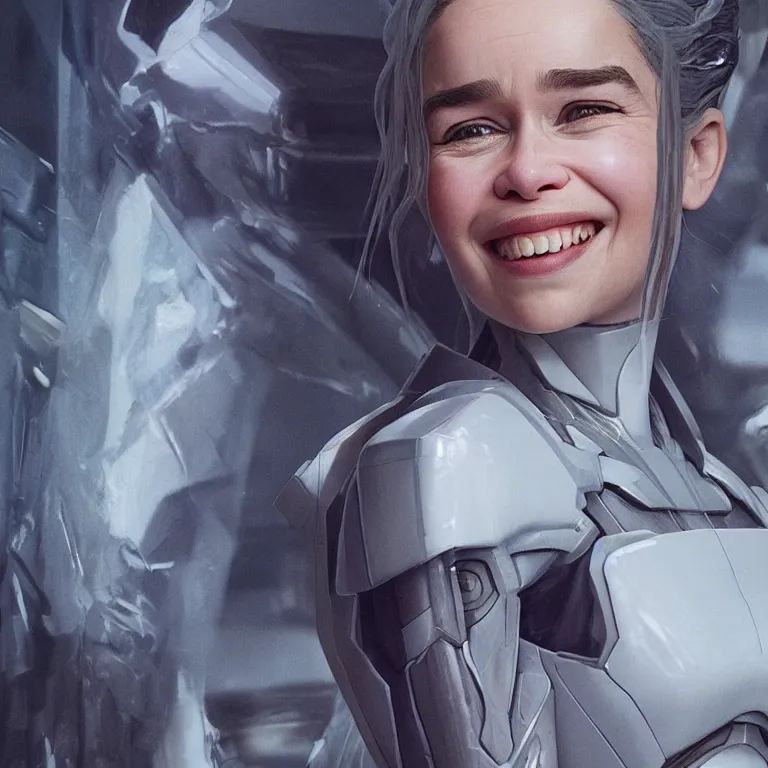 Image similar to scifi smiling emilia clarke looks like ghost in the shell, extremely high detail, photorealism, sony a 7 r