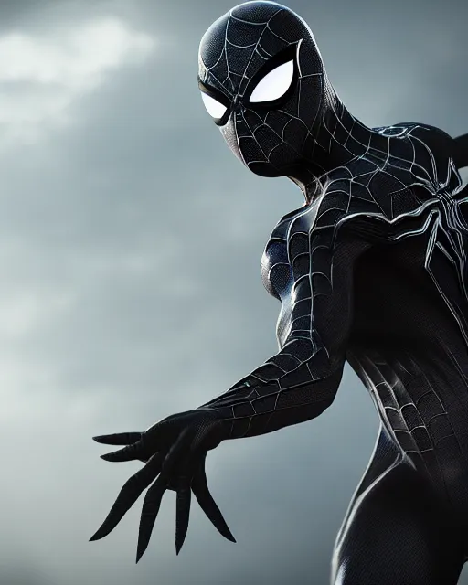 Image similar to photograph of a symbiote and spider - man hybrid, dslr, cinematic, volumetric lighting, 8 k resolution, photorealistic