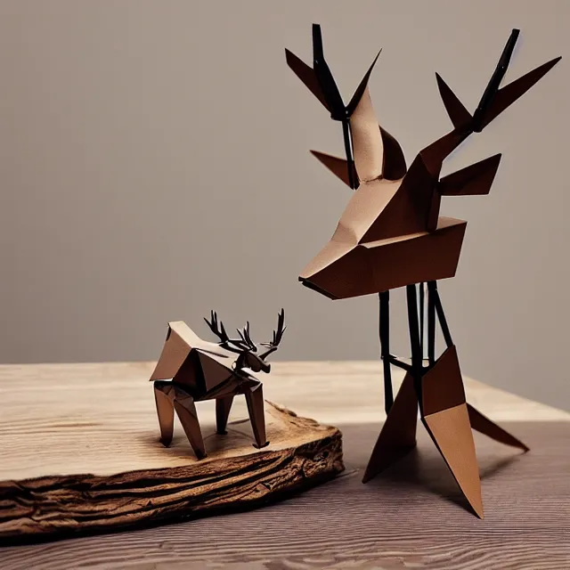 Image similar to a photograph of a deer origami and a robot mecha origami on top of a wooden table