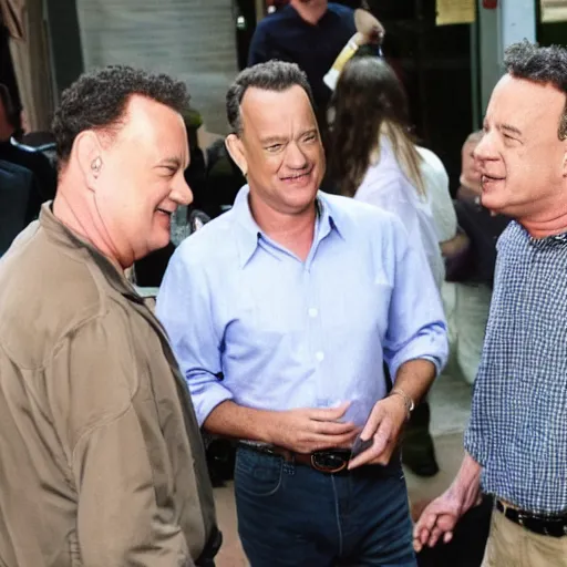 Prompt: tom hanks having a friendly conversation with tom hanks, candid photography
