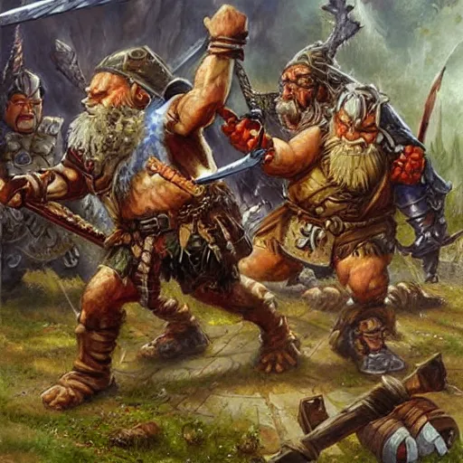 Image similar to DnD dwarves fighting goblins. Epic painting by james gurney.