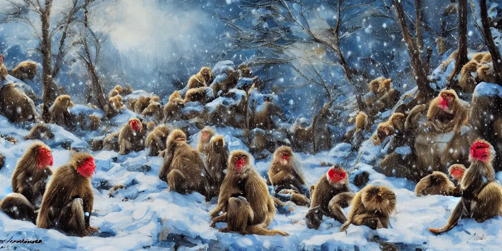 Prompt: scenic mountain setting, by Antoine Blanchard, by Marcel Masson, low angle, closeup family portrait of snow monkeys gather at the natural spa to get warm, highly detailed, snow flurry, cold, steamy, desaturated (reds, blues), inquisitive, striking, contemplative, happy, content, warm, on canvas