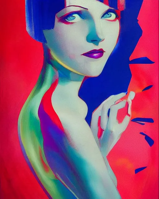 Prompt: full length portrait of 2 0 year old mary louise brooks dancing, shiny bob haircut, dramatic light, red and blue abstract art deco city background, air brush art, high contrast, sharp,, painted by ross tran 1 9 2 0 s
