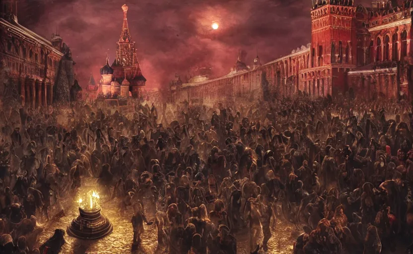 Image similar to zombie Putin on the Red Square, fantasy, intricate, сinematic lighting, insanely detailed, smooth, sharp focus, Artstation, 8k, unreal engine, hyper realistic, steampunk style, bright background, moonlight, volumetric lighting, wallpaper, digital illustration by Ruan Jia and Mandy Jurgens and Artgerm and Wayne Barlowe and Greg Rutkowski and Zdislav Beksinski