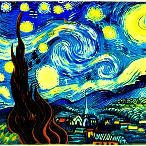 Image similar to “a foggy night in the style of starry night”