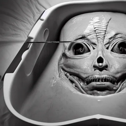 Image similar to photo of an alien autopsy, black and white, wide angle