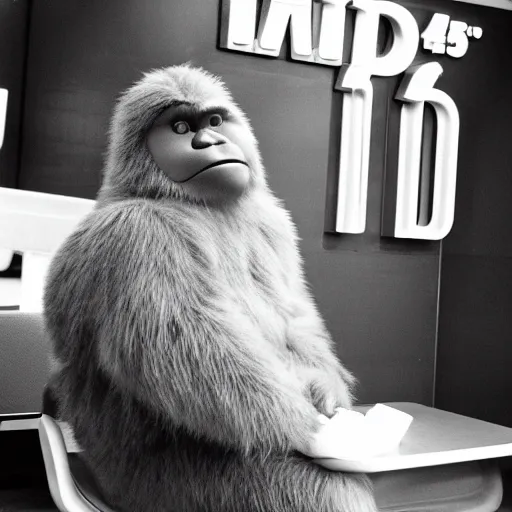 Image similar to A black and white photograph of Bigfoot sitting in a Mcdonalds