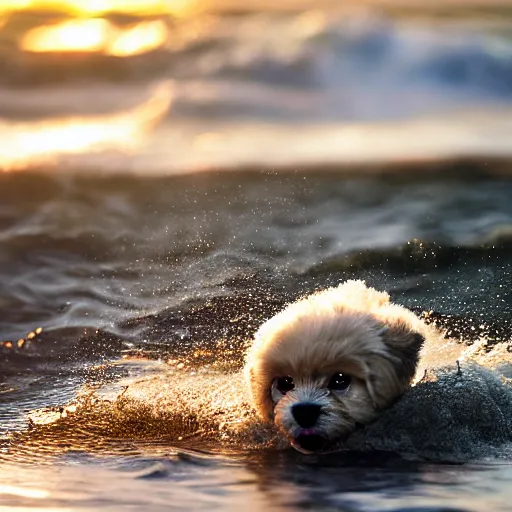 Prompt: a closeup photorealistic photograph of a cute smiling tiger bichon puppy splashing in the surf during sunset. professional capture, well lit shot. this 4 k hd image is trending on artstation, featured on behance, well - rendered, extra crisp, features intricate detail, epic composition and the style of unreal engine.