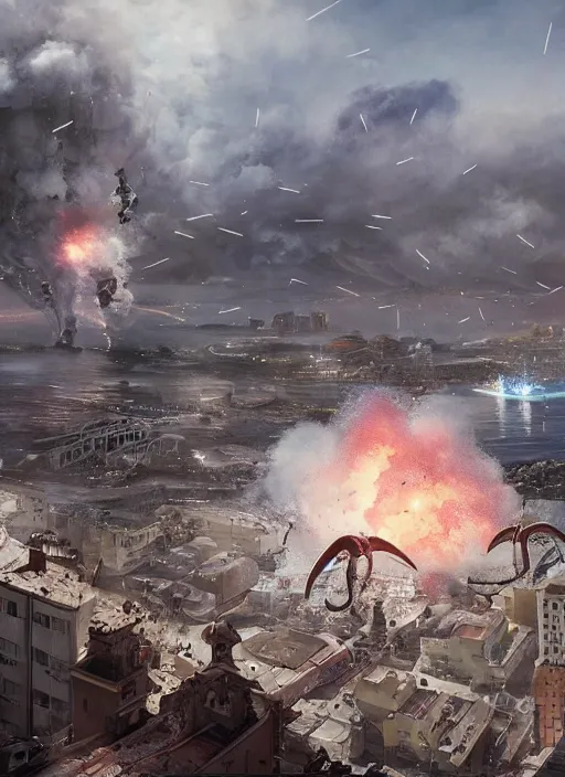 Image similar to hyper realistic squid robot attacking cape town city, table mountain explosions, atmospheric beautiful details, strong composition painted by kim jung giu weta studio rutkowski, james gurney and greg rutkowski, and lucasfilm