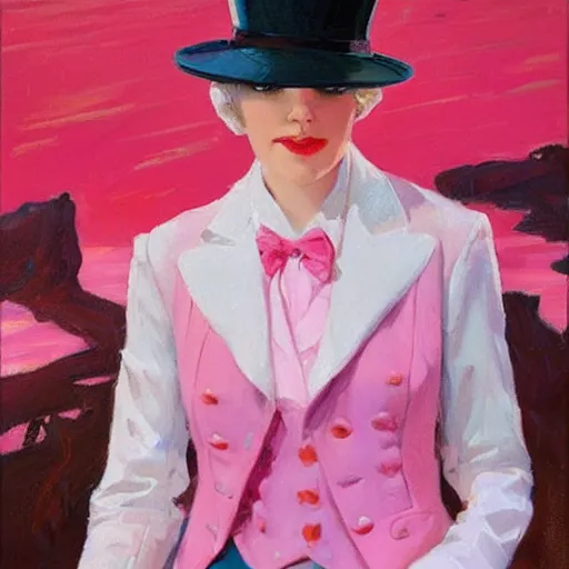 Image similar to an attractive female in a pink suit and tie, standing on a cliff, wearing a tophat, looking out at a pink ocean, by jc leyendecker!! phil hale!, angular, brush strokes, painterly, vintage, crisp