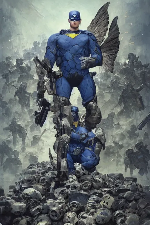 Prompt: A distant shot of a super soldier with a Ukrainian blue and yellow uniform with wings is standing on a pile of skulls, Call of Duty, marvel comics, dark, intricate, highly detailed, smooth, artstation, digital illustration by Ruan Jia and Mandy Jurgens and Artgerm and Wayne Barlowe and Greg Rutkowski and Frank Frazetta