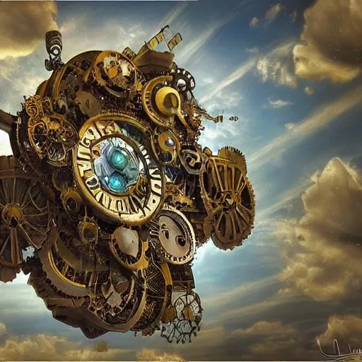 Image similar to flying city in a mechanical flower, sky, fantasy art, steampunk, masterpiece, behrens style